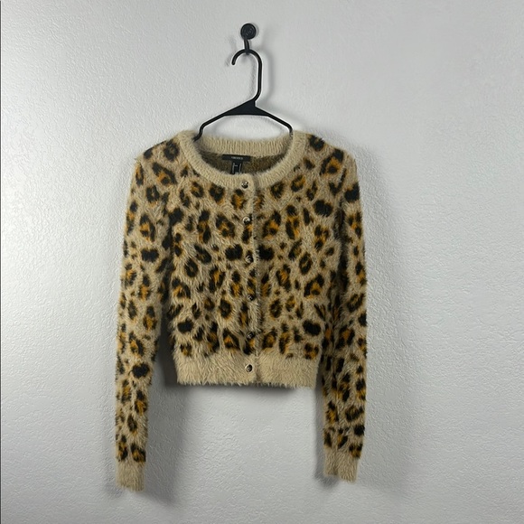 Forever 21 Animal Print Tan Black Orange Cardigan  Mob Wife Size S Button Down - Picture 1 of 8